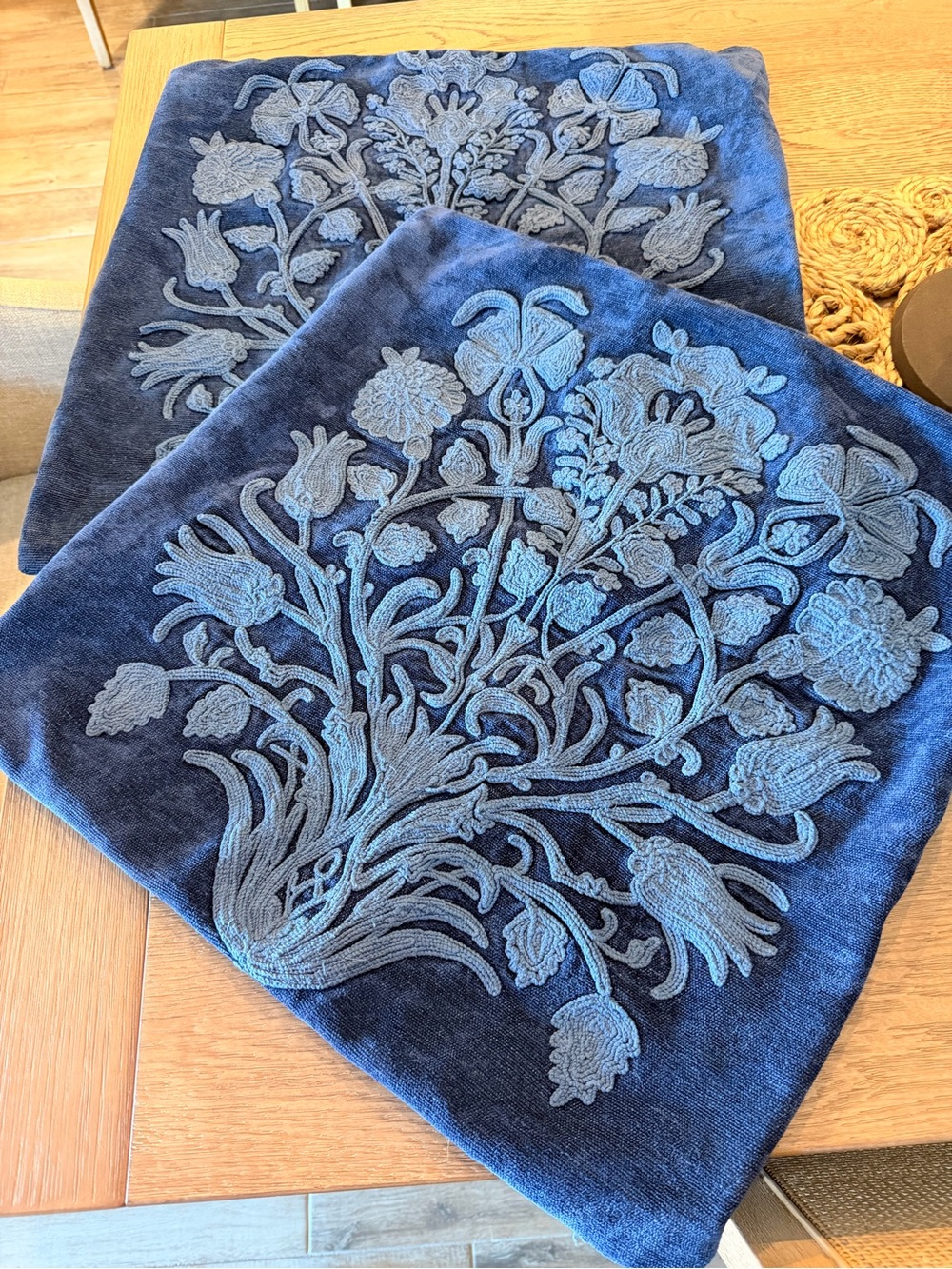 2 Like New Pottery Barn Blue Floral Embroidered Pillow Covers. 22 x 22